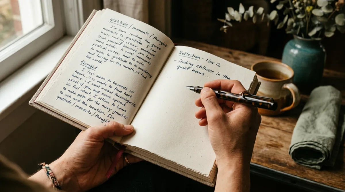 Gentle hands holding an open linen journal and fountain pen documenting reflections beside warm botanicals