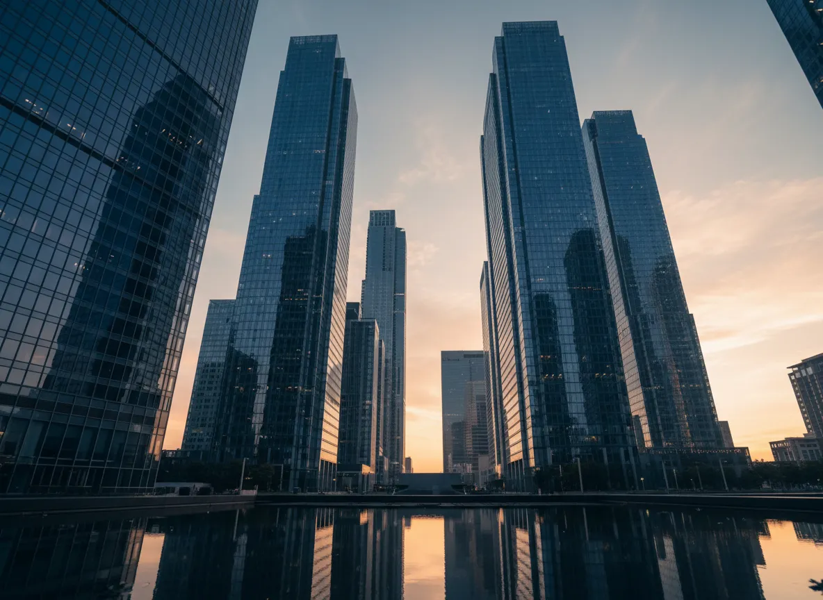 Abstract view of modern glass financial district skyline