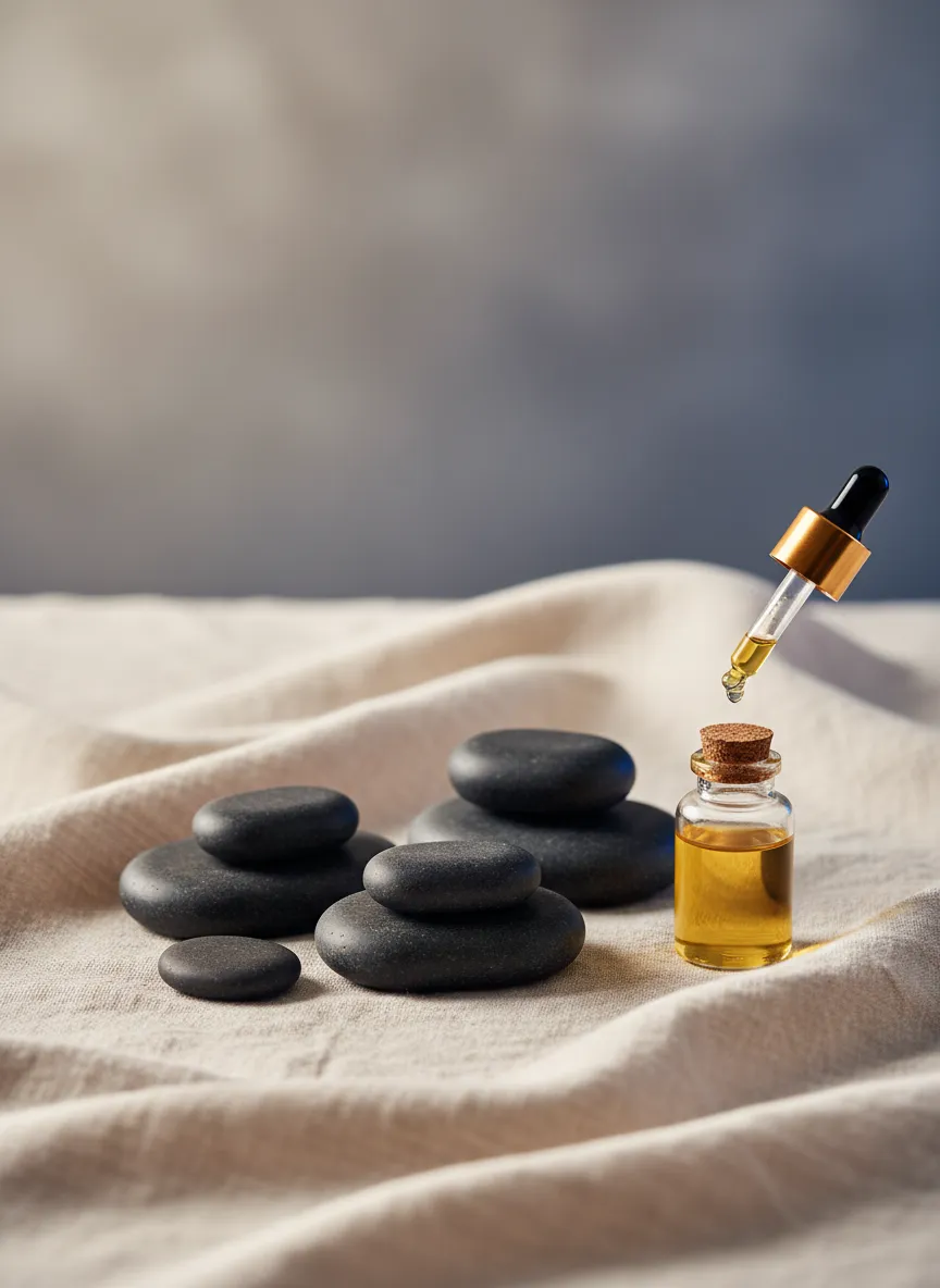 Warm basalt stones resting on soft linen