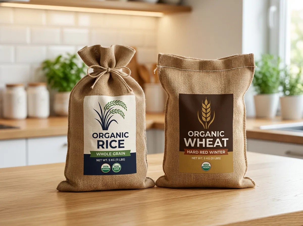 Two large paper sacks of 'Organic Rice & Wheat' sitting upright on a surface.