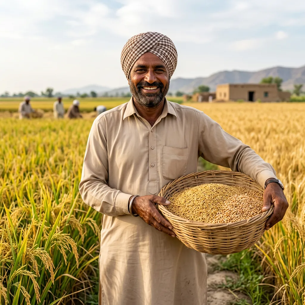 A smiling, bearded man in a brown apron holding a wooden crate full of fresh colorful vegetables and fruits like tomatoes, peppers, and broccoli.