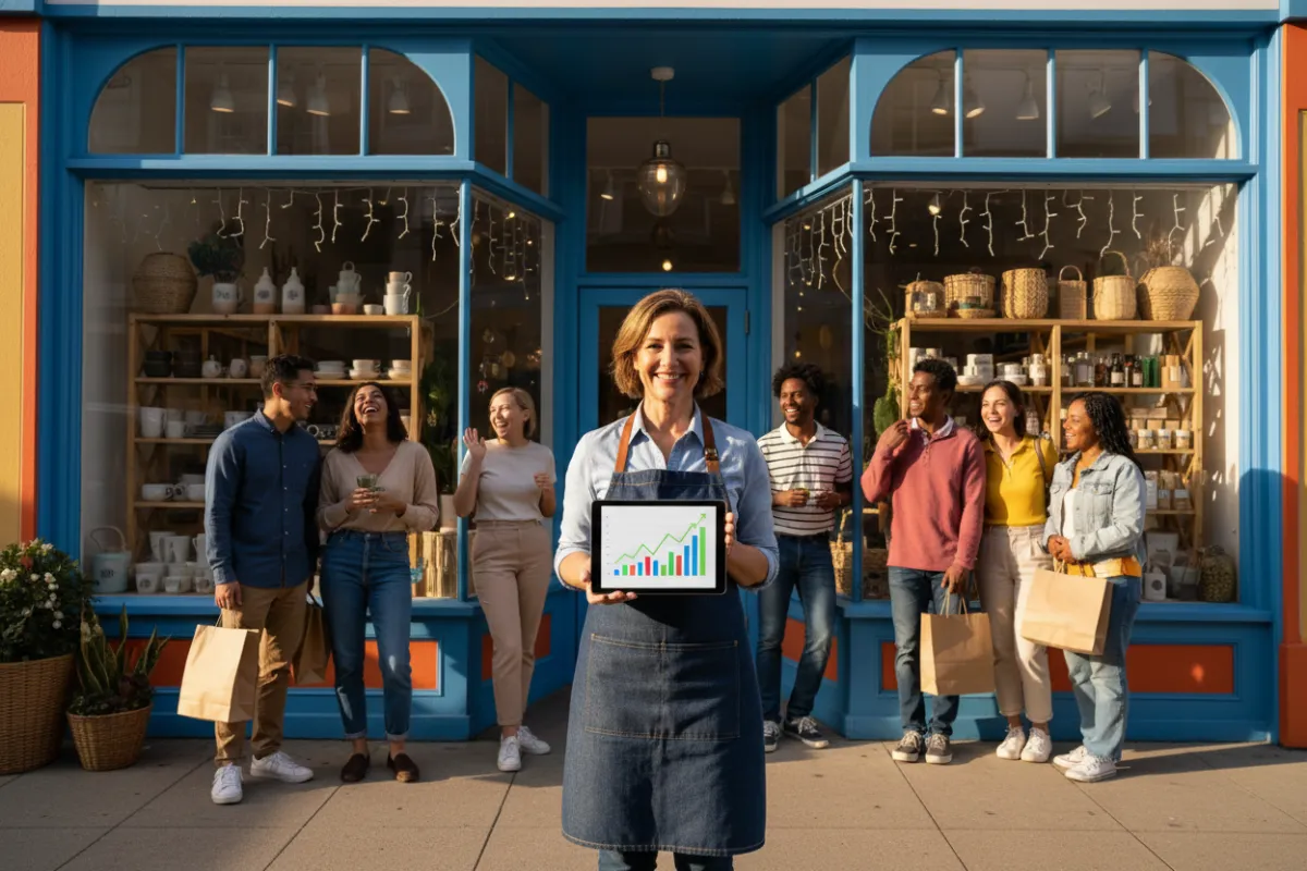 A small retail shop owner standing proudly in front of a vibrant storefront, holding a sales report with upward-trending graphs. The background features happy customers browsing, highlighting a thriving business environment.