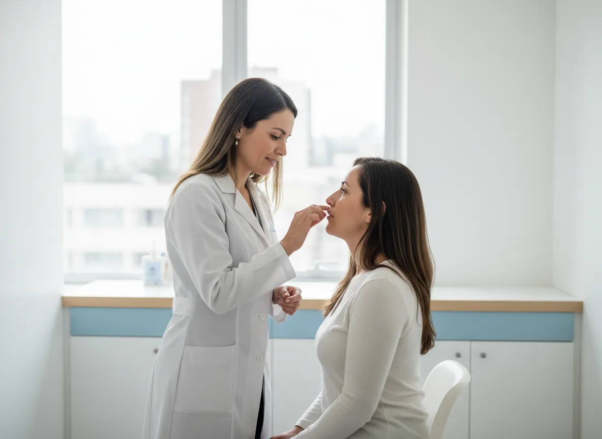 Profesional de salud evaluando perfil nasal de una paciente en un entorno clínico sobrio