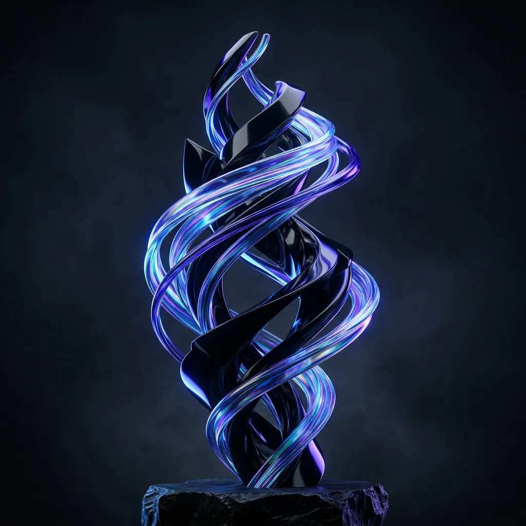 Obsidian and iridescent geometric 3D digital sculpture with cool blue and purple rim lighting, mirroring the hero artwork