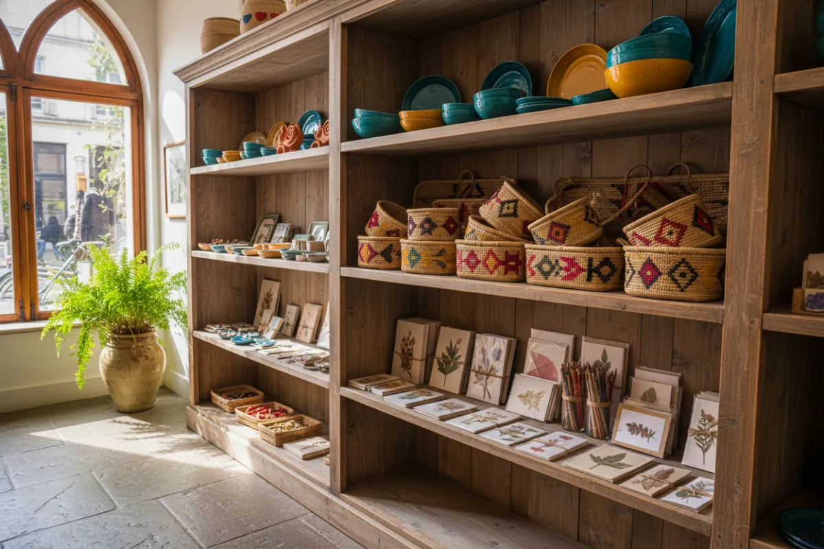 A vibrant display of unique handcrafted products arranged on rustic wooden shelves, featuring colorful ceramics, woven baskets, and artisan stationery, all illuminated by soft natural light in a cozy boutique setting.