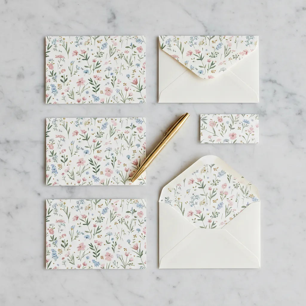 A set of custom-designed stationery with floral motifs, including notecards and envelopes, arranged neatly on a marble surface with a gold pen.