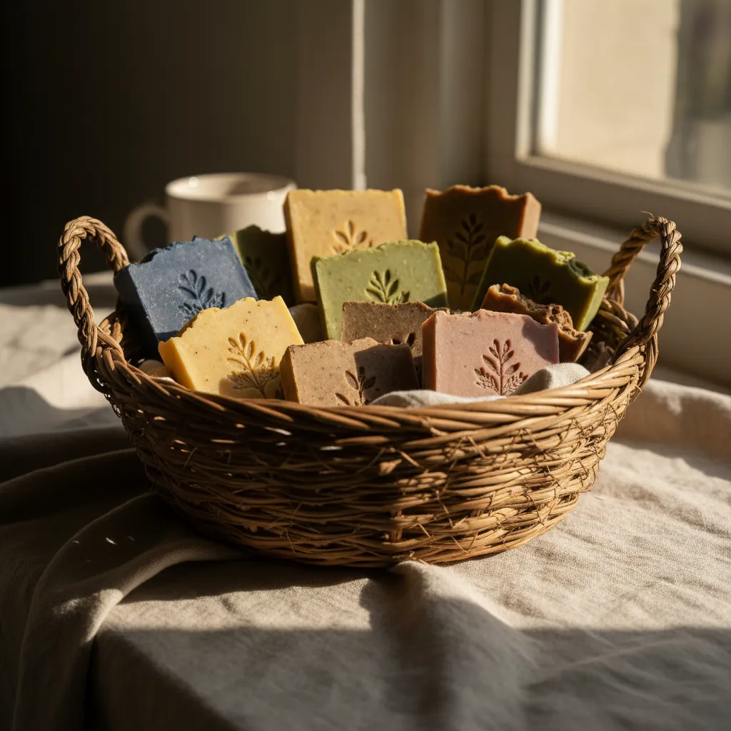 A handwoven basket made from natural fibers, filled with colorful artisan soaps, displayed on a linen cloth with soft morning light.