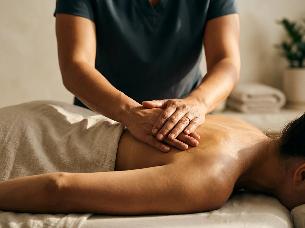 Close-up of therapeutic hands-on myofascial technique and mindful palpation