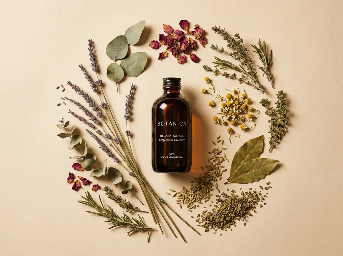 Artisanal botanical extracts, pressed herbal oils, and raw dried aromatics in ceramic vessels