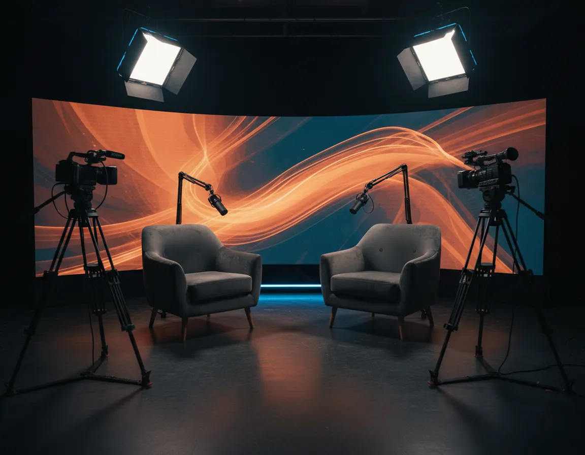 Interview podcast studio with two microphones and cameras