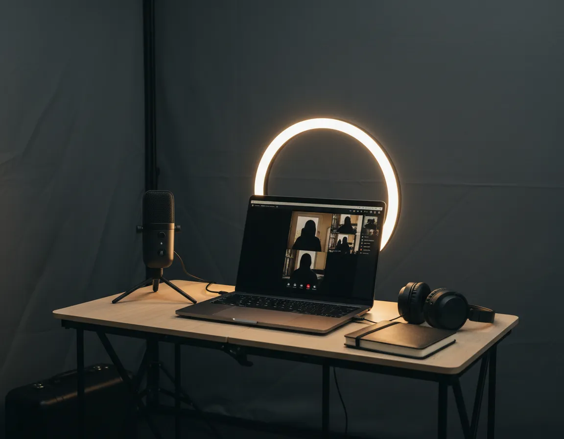 Remote podcast recording workspace with laptop and microphone