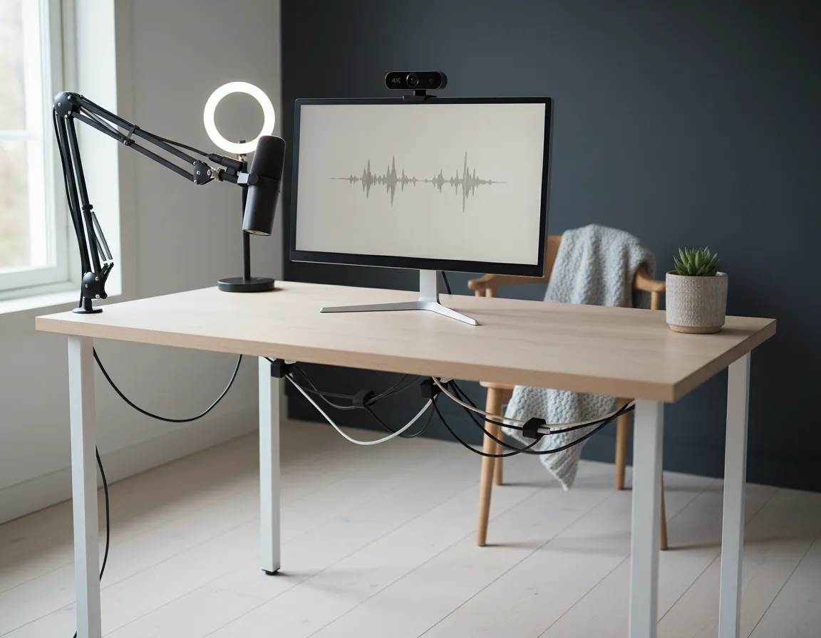 Solo creator podcast desk setup