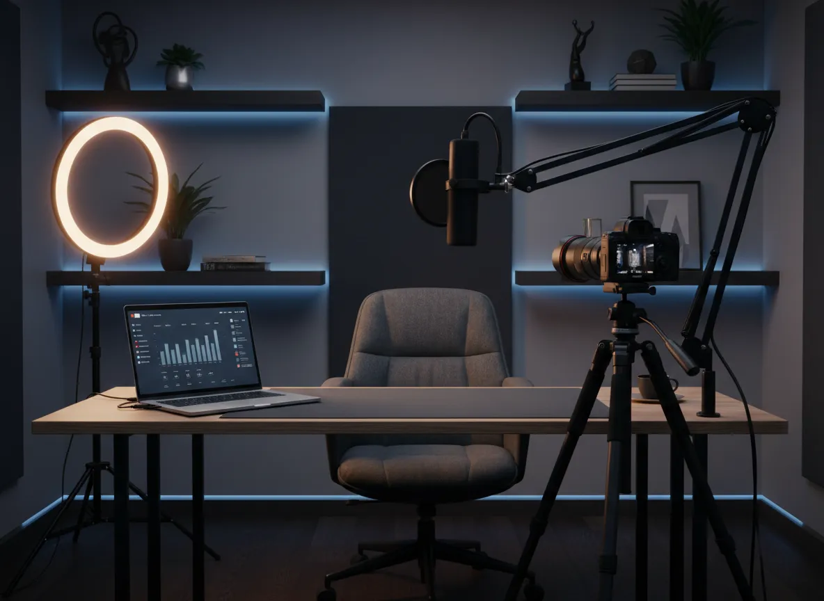 Modern podcast studio setup with camera, microphone and lighting