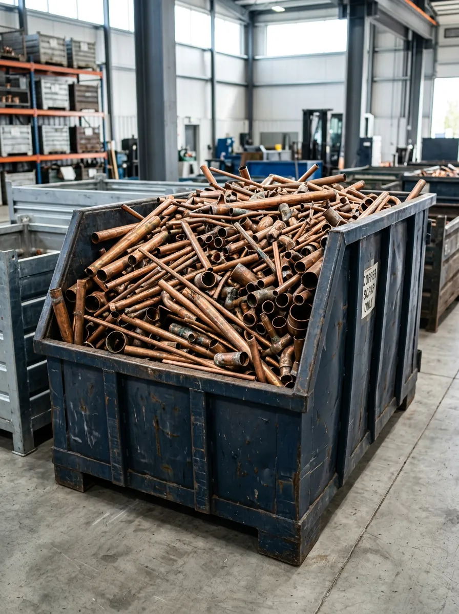 Large industrial bin filled with various scrap copper pipes and fittings