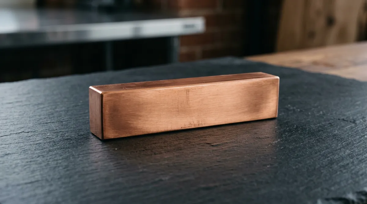 Two stacked Maldon Copper Co. hand-poured copper bars with rich warm metallic luster