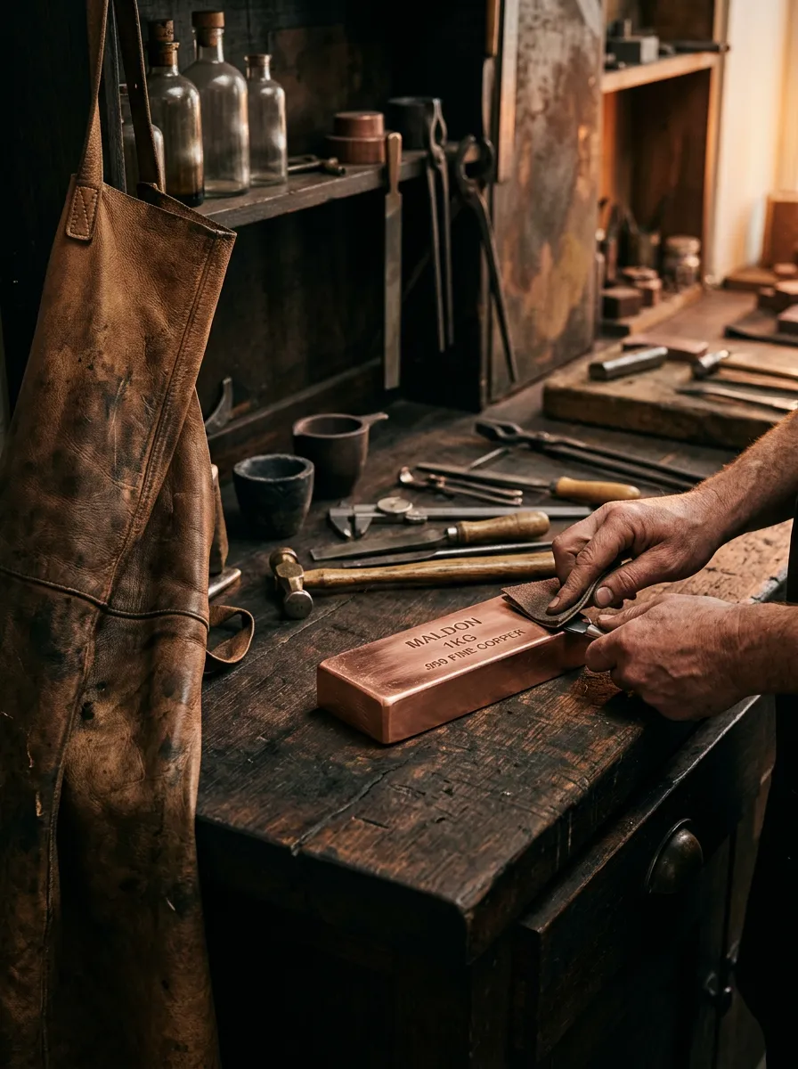 Master craftsman workbench in our Maldon workshop with hand-finishing copper bars