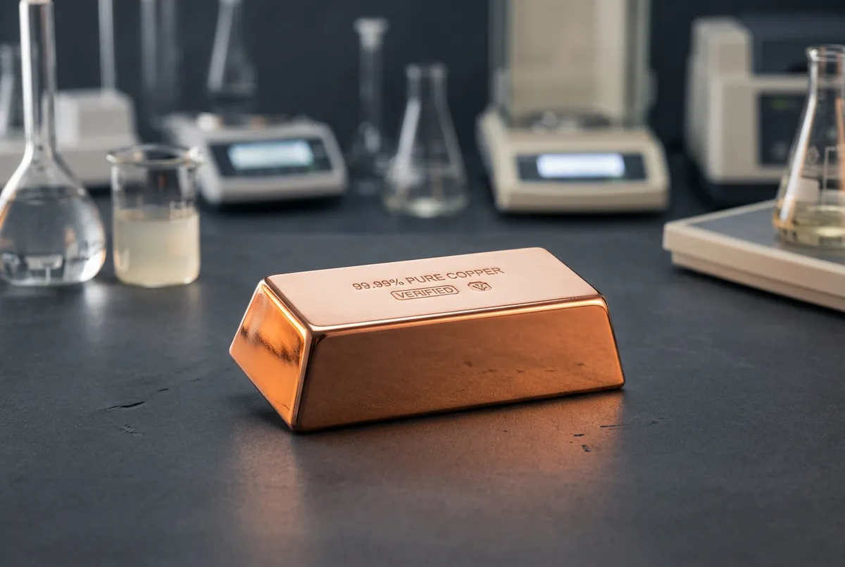 Precision milled purity verified copper bullion bar with sharp bevels and stamped hallmarks