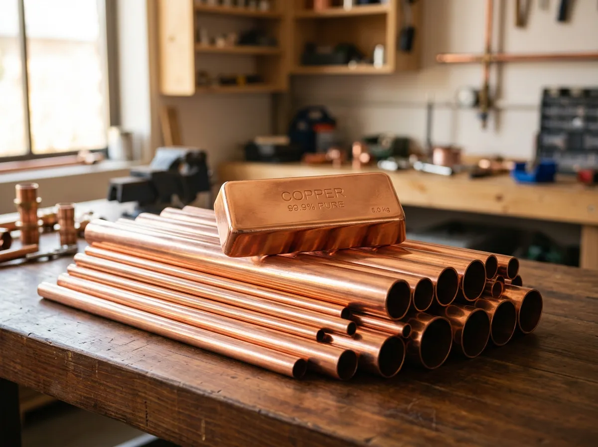 Stack of shiny copper pipes, tubes, and a solid copper ingot bar resting on them, warm lighting reflecting off the metal surfaces