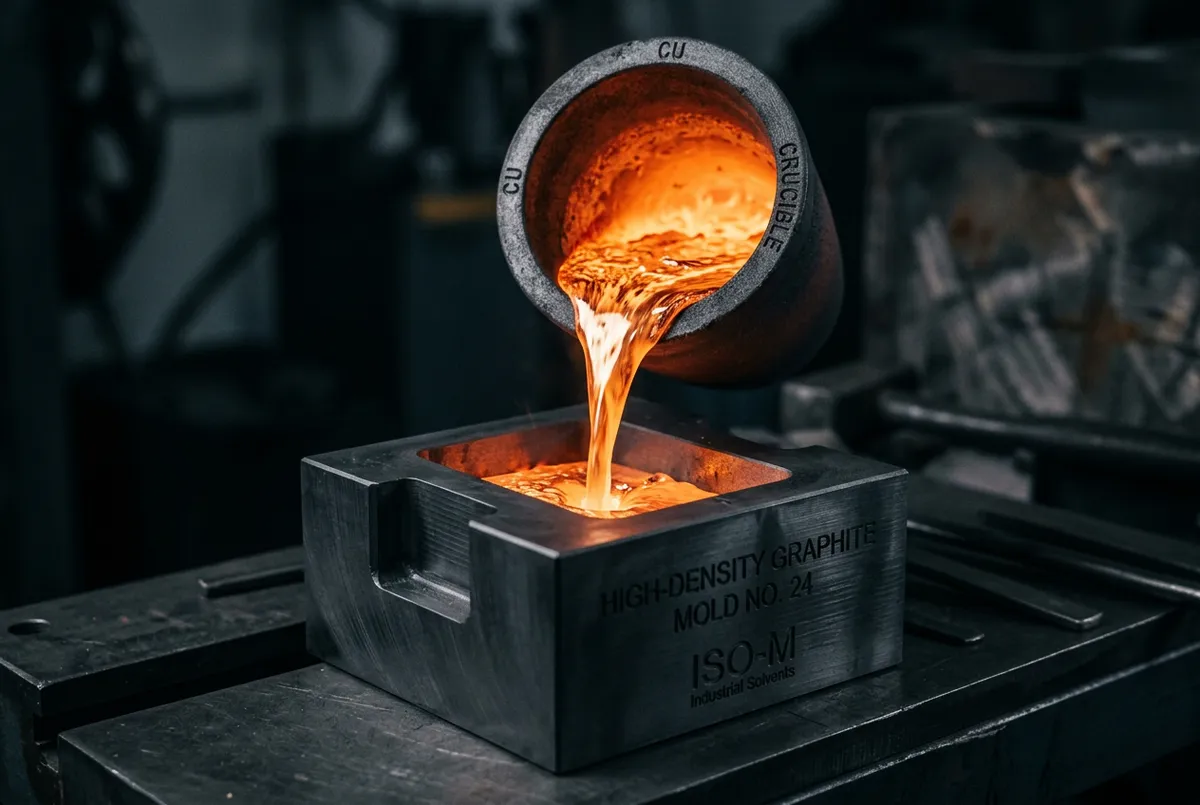 Macro photography of molten pure copper poured into high-density machined graphite ingot mold