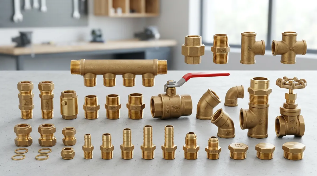 Collection of brass plumbing fittings, valves, and connectors