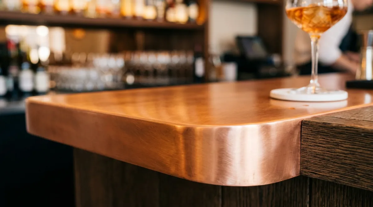 Tangible physical copper bar on rustic workshop table