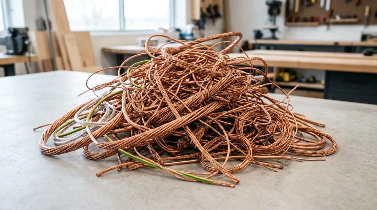 Tangled pile of bare copper wire and cables