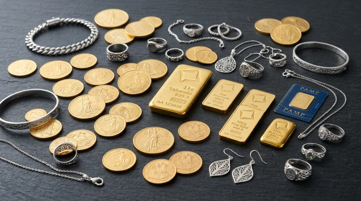 Gold coins, bars, and silver jewelry scattered on a dark surface