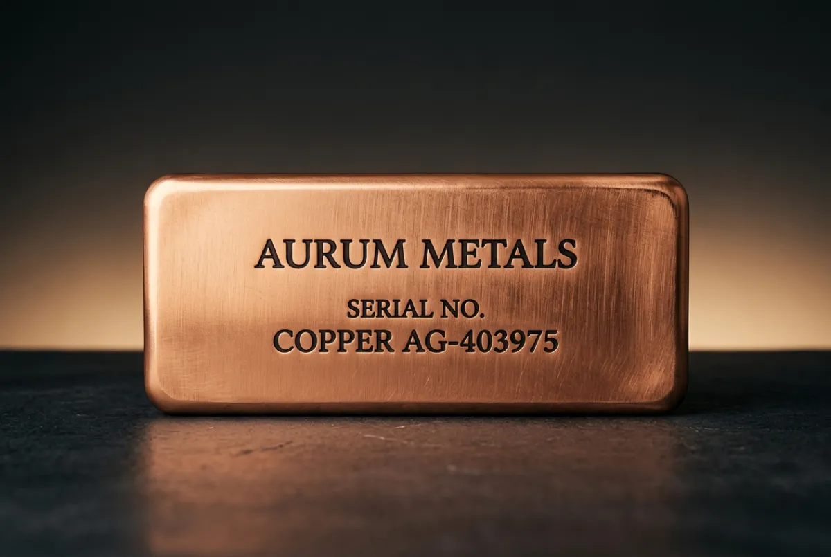 Macro photography of satin hand-brushed finish on copper ingot face with serialized deep stamp