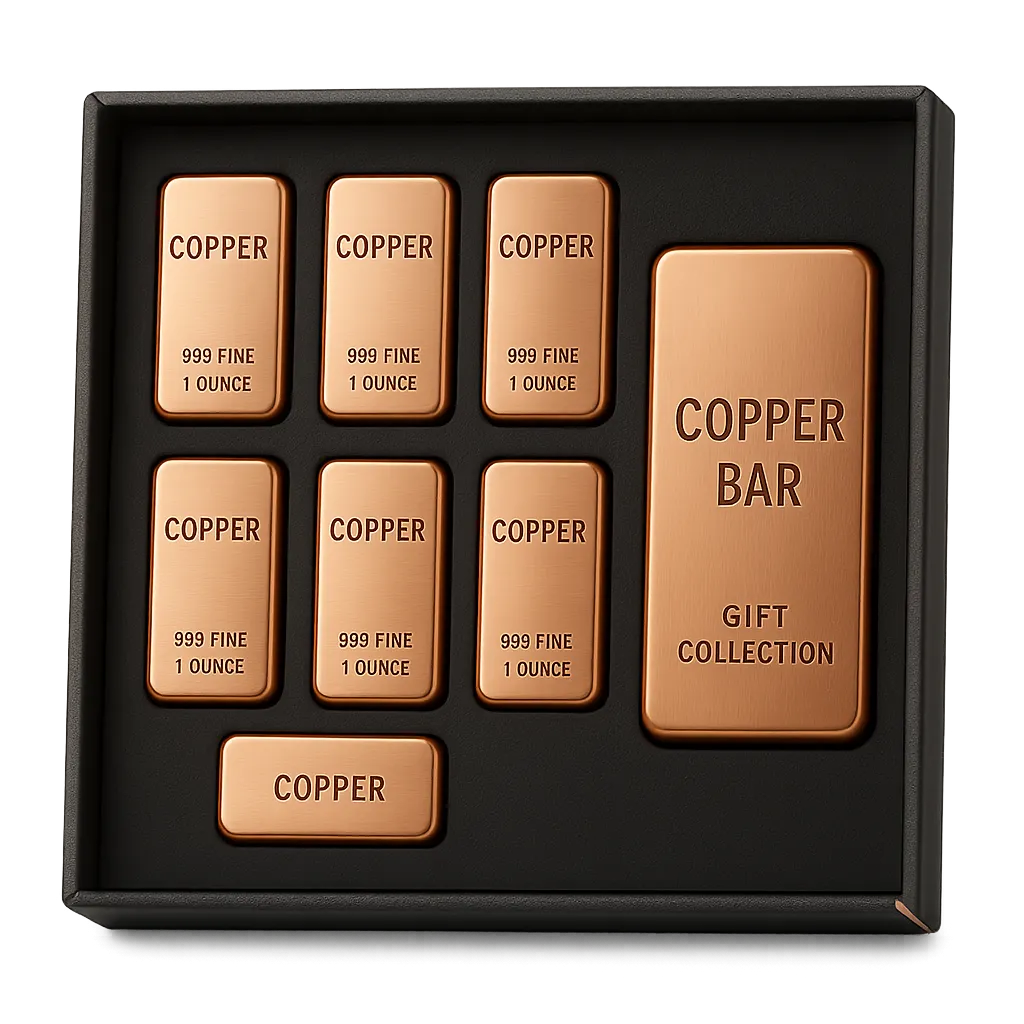 Copper Bar Gift Collection displayed in bespoke oiled English oak casing