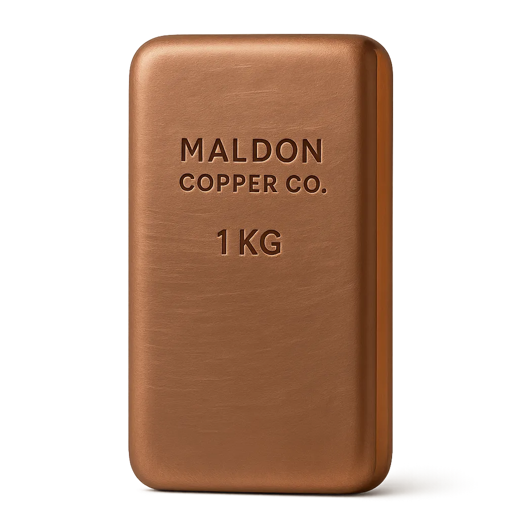 1kg Hand-Poured Copper Bar showing satin finish and natural cooling striations