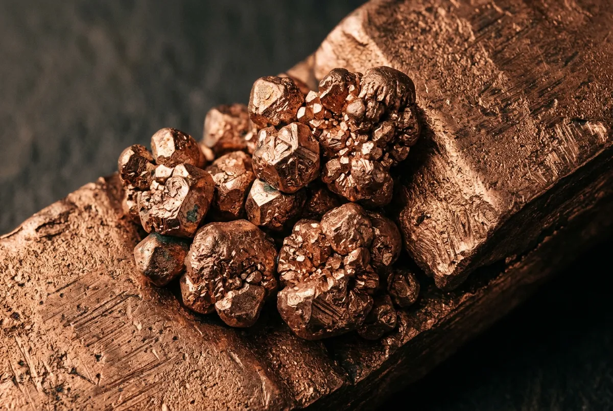 Macro photography of raw 99.99% pure copper crystalline pellets and cathode mineral surface