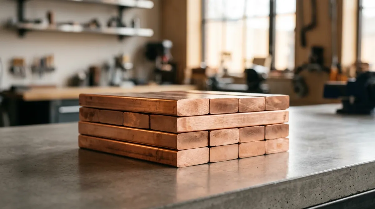 Two hand-poured pure copper bars on slate background
