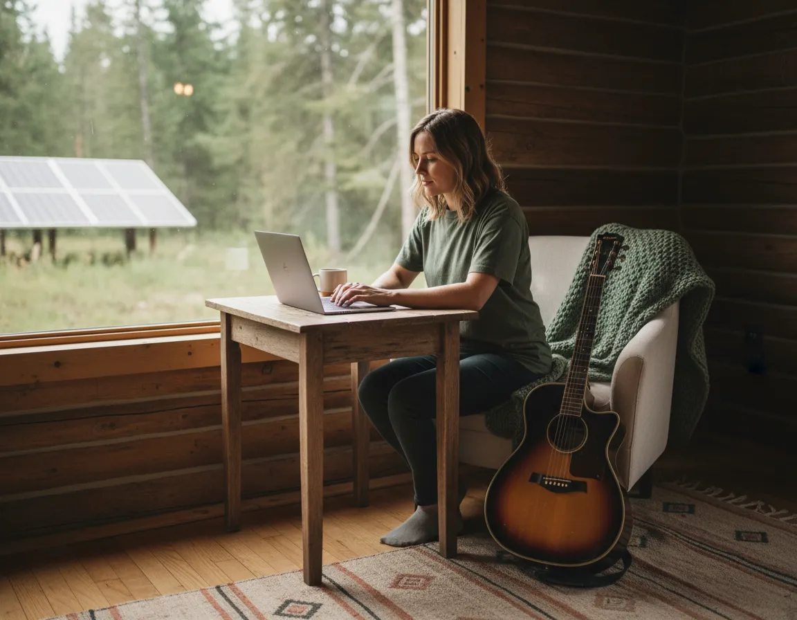 Laurie from Closer to Wild Studio working off-grid with a laptop and guitar nearby