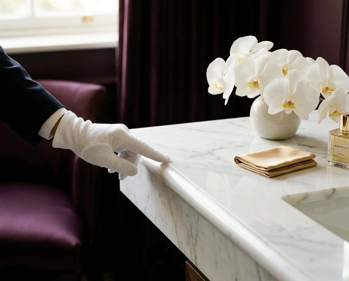 Pristine white-glove inspection detail showing immaculate marble vanity and polished architectural finishes