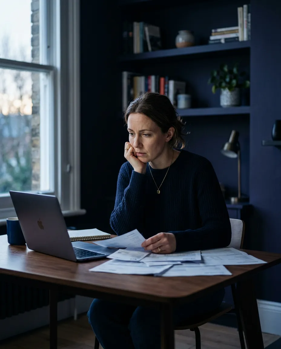 Stressed homeowner reviewing financial documents in a modern home office with thoughtful concern