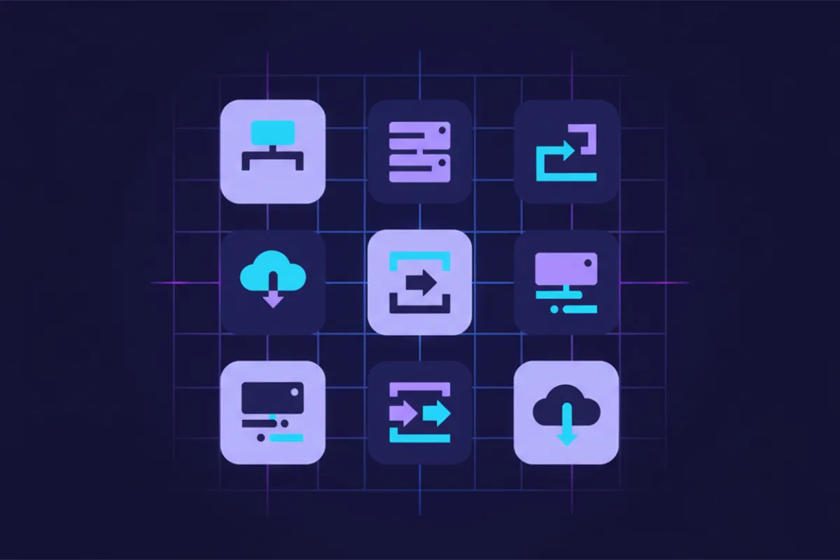 Minimalistic illustration of KORVA integration icons in a grid.