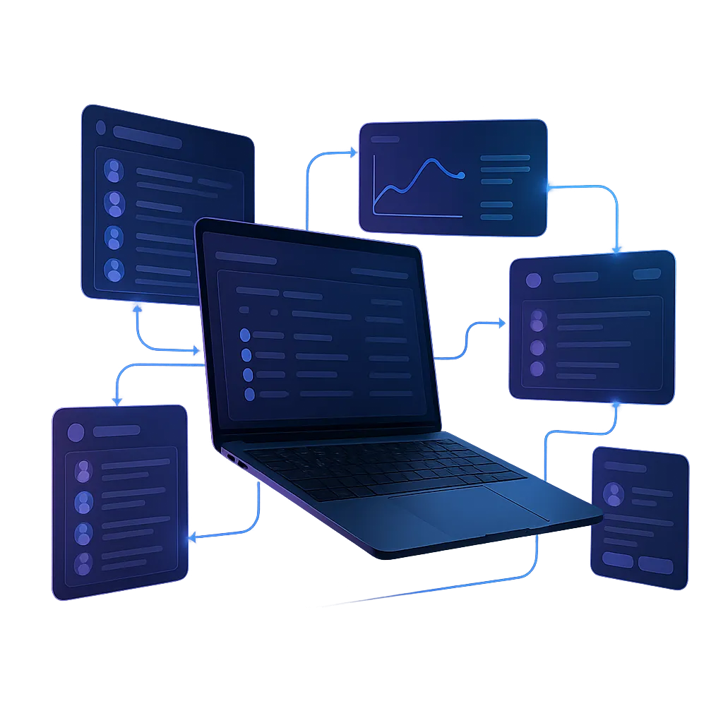 Cinematic SaaS ecosystem floating UI