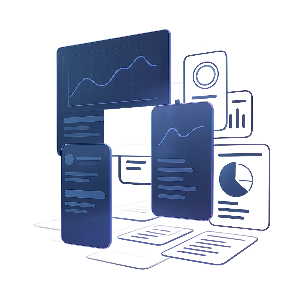 Floating layered UI stack of dashboards and mobile screens