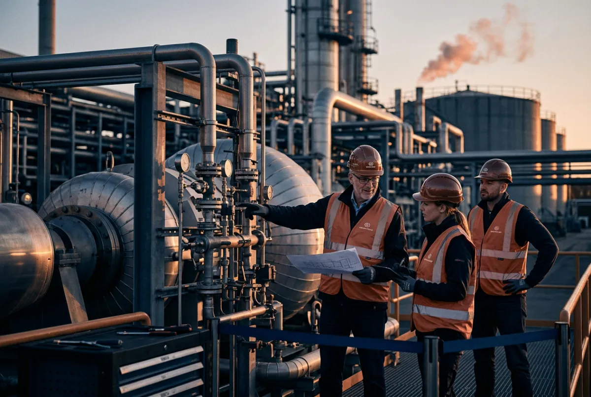 Energy field engineers and equipment at an oil and gas facility