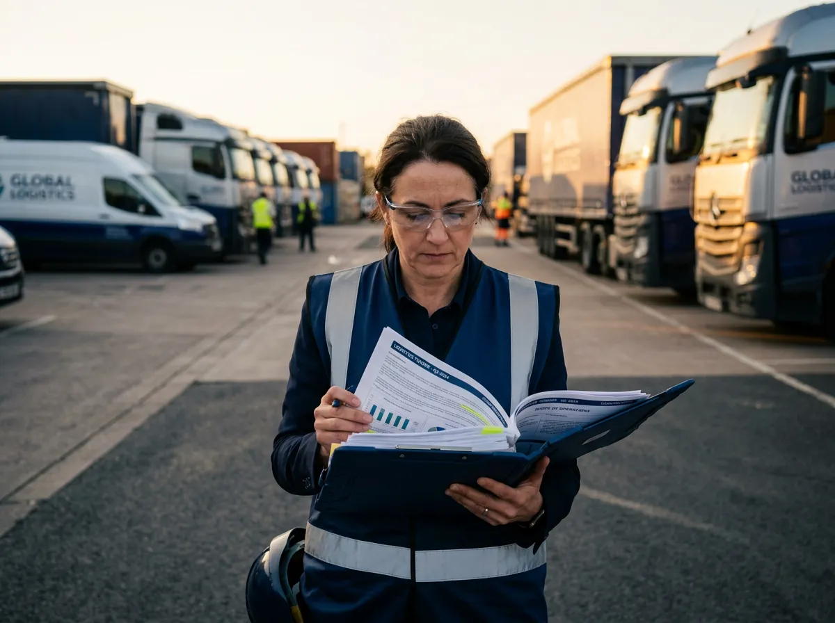Industrial contractor and logistics director reviewing large enterprise tender documentation on an active site