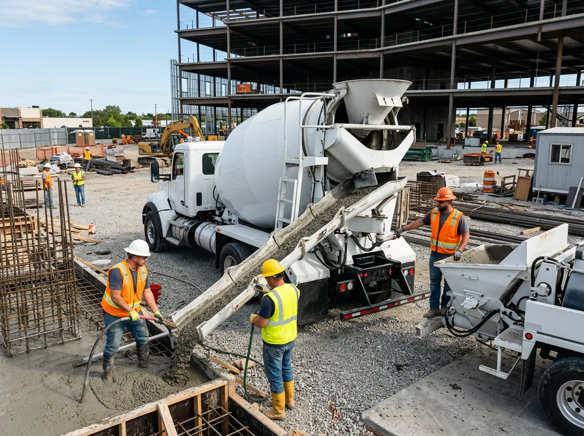 Ready-mix concrete truck delivering concrete at a commercial job site