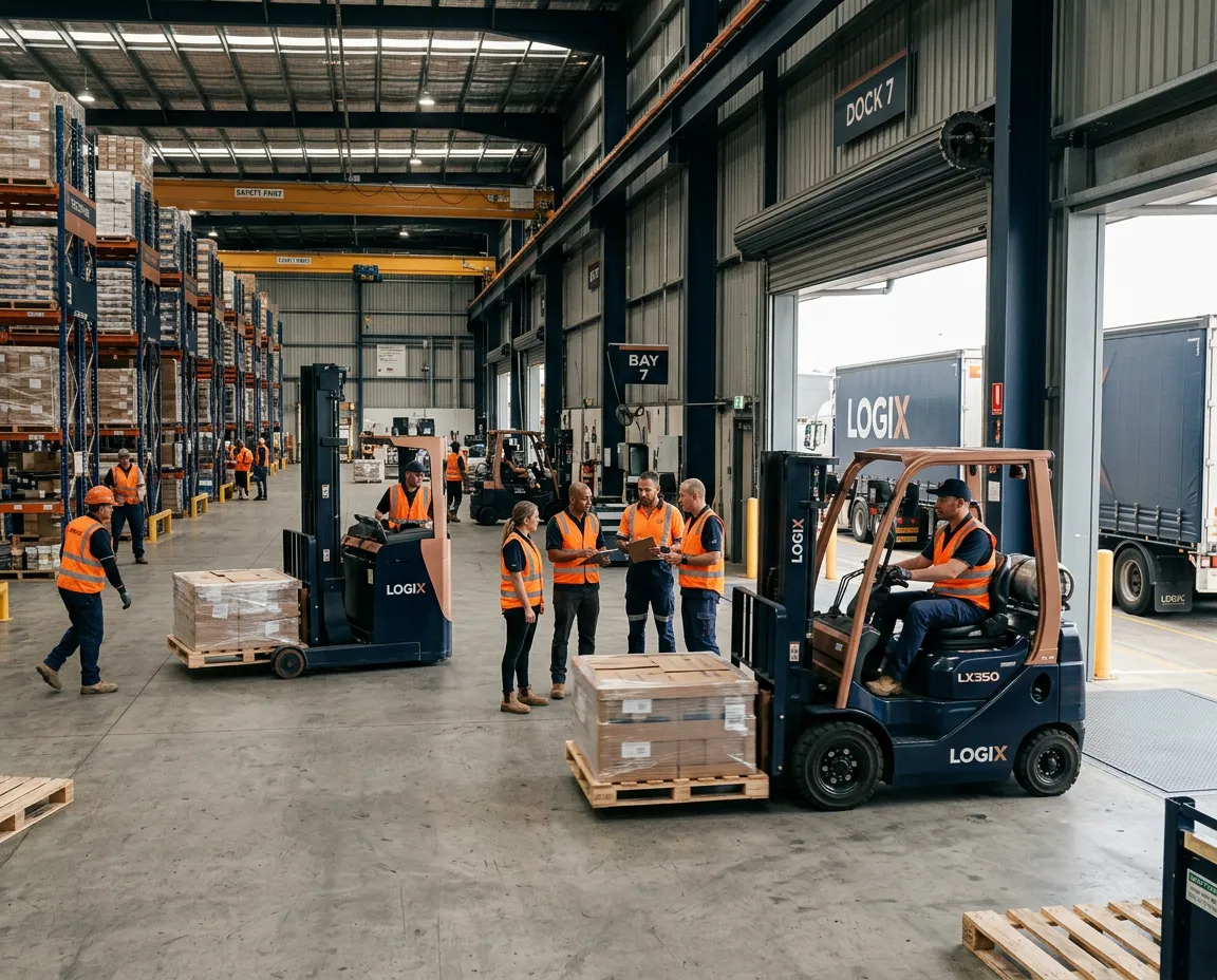 Active commercial logistics operations hub with freight fleet and warehouse team managing supply chain distribution