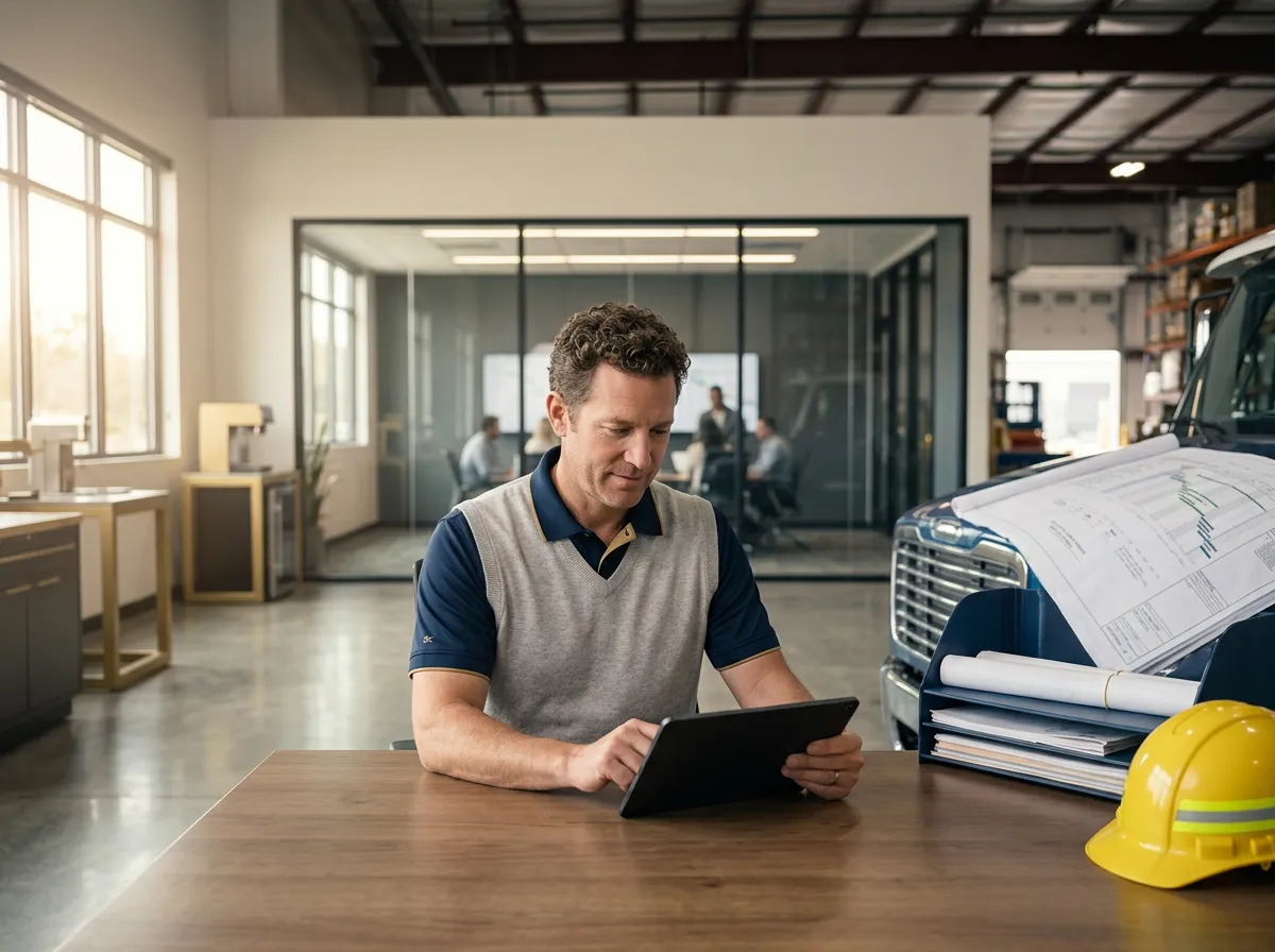 Commercial operations manager reviewing project timelines and crew schedules in a high-efficiency facility