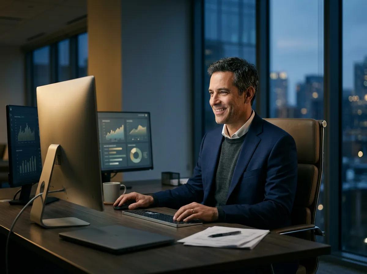 Corporate finance executive analyzing real-time cash flow and invoice volume metrics on a modern workstation