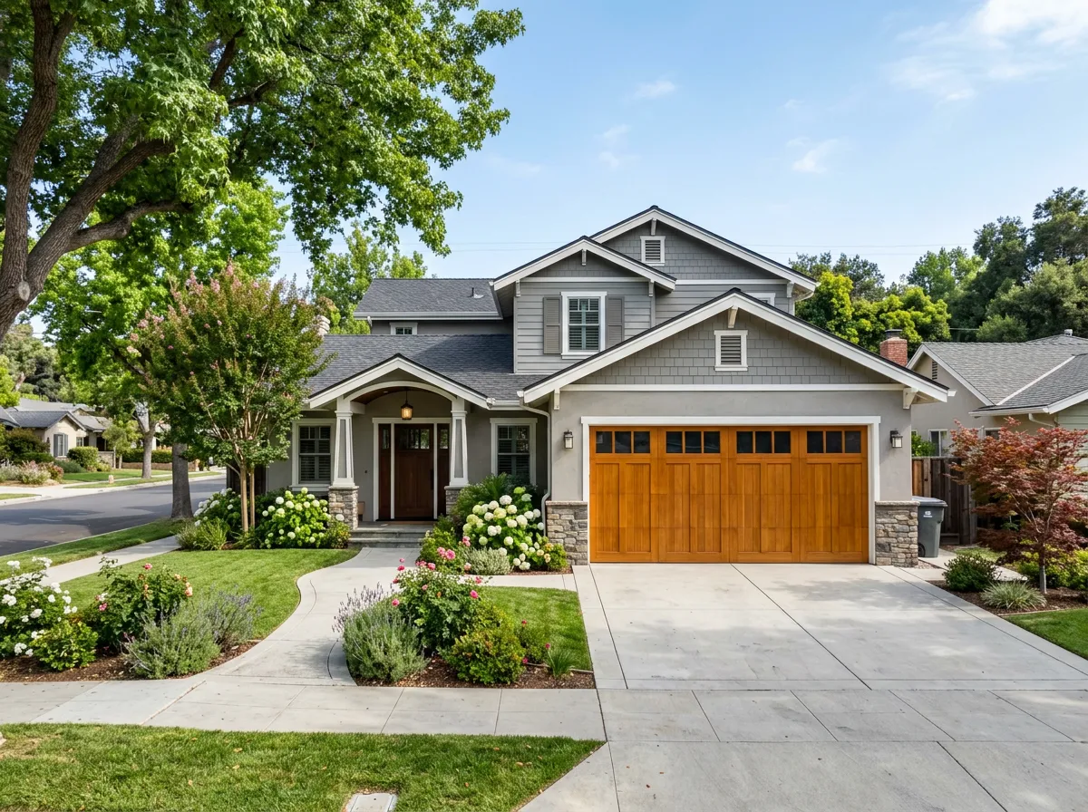 American suburban home with a garage door and trees