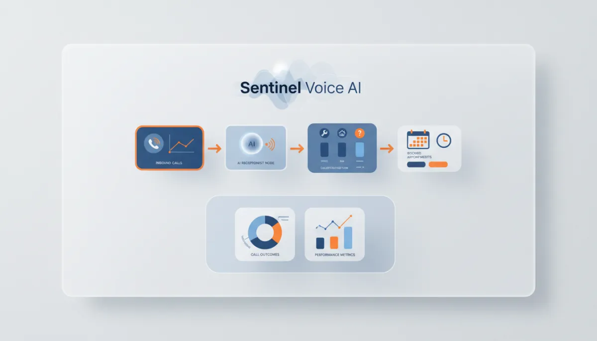 Illustration of Sentinel Voice AI call flow dashboard for HVAC and roofing contractors.