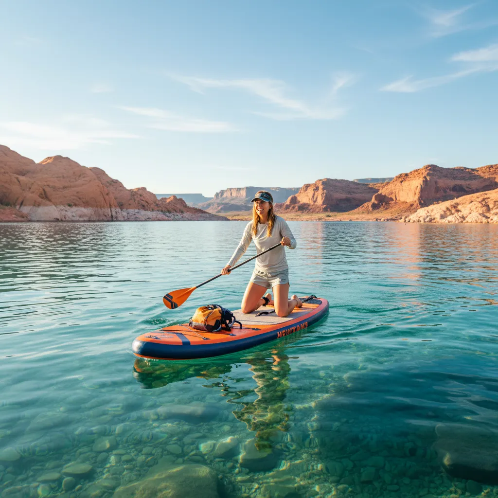 Lifestyle shot of someone trying out a paddle board on the lake