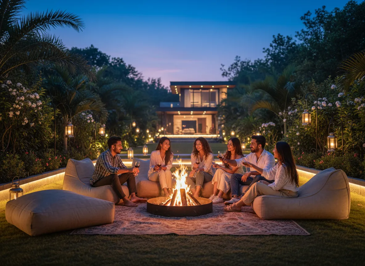 Friends enjoying bonfire at a premium villa near Pune