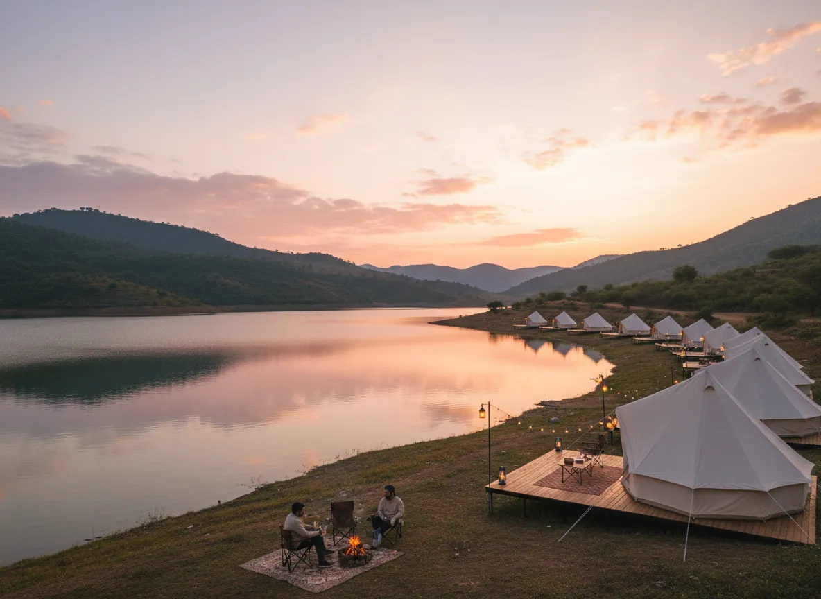 Lakeside camping tents at Pawna Lake