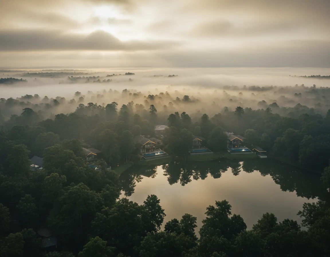 A cinematic view of the mist-covered forest surrounding the luxury villas near Pawana Lake.